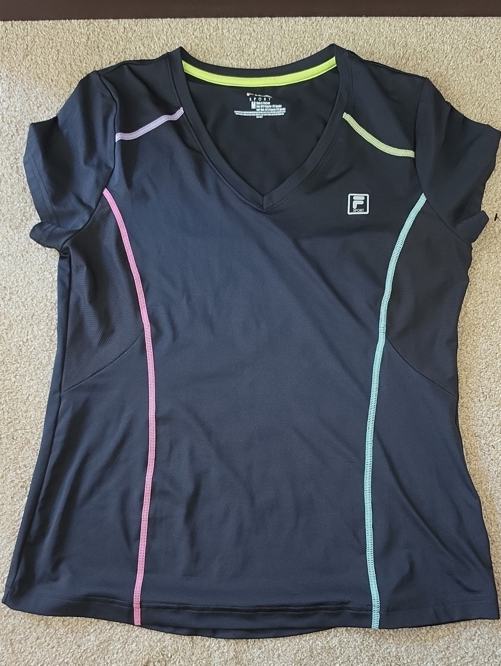 Fila Black V-Neck Athletic Top with Pastel Piping